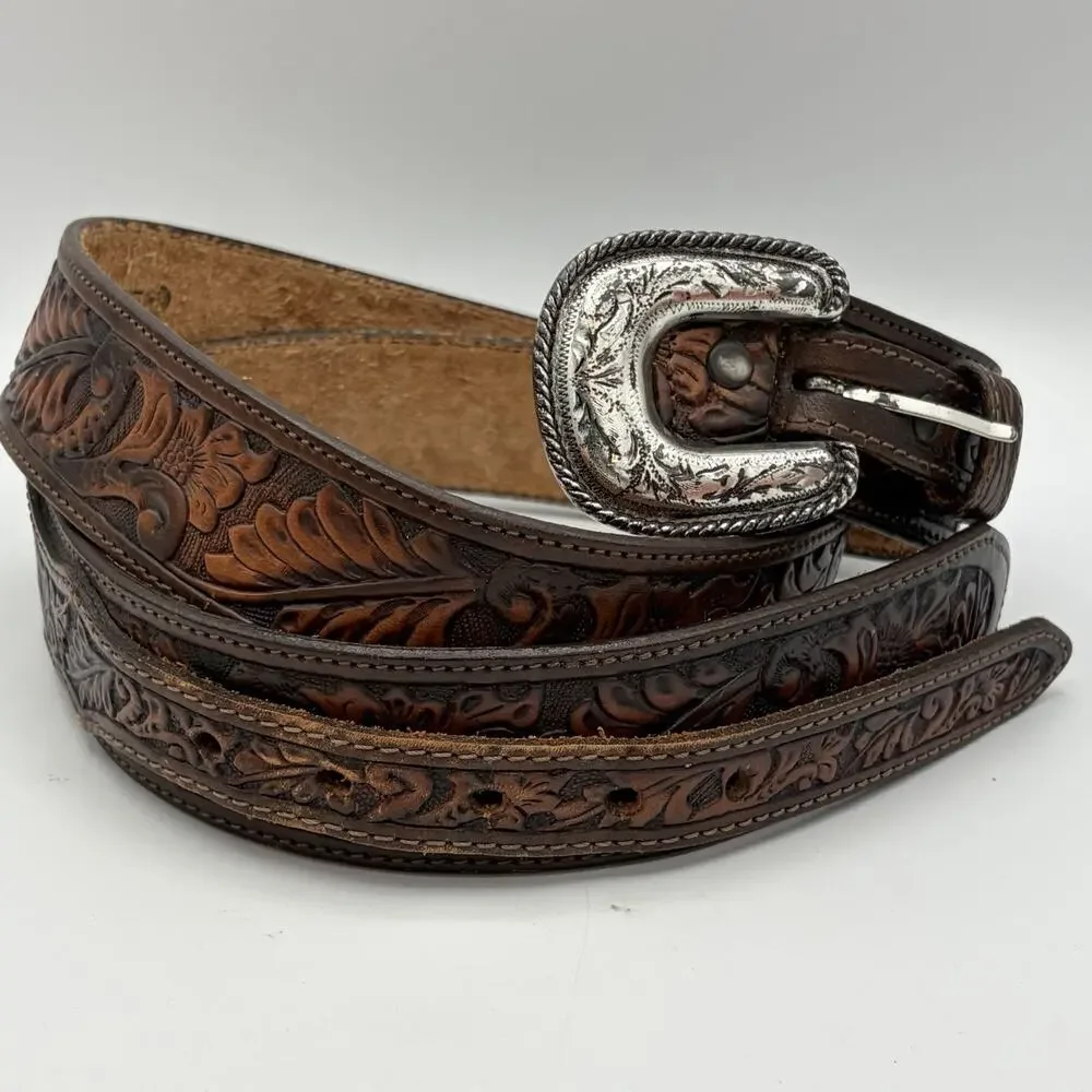 Justin Men’s Brown Leather Ranger Belt Silver Tone Accents Size 38 USA 114CH